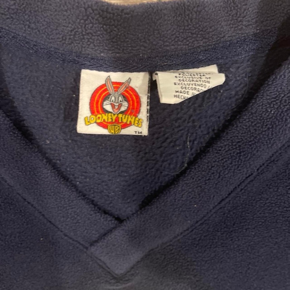 Vintage Looney Tunes Tweety Bird Fleece Sweatshirt Navy Blue V-Neck Pullover - Picture 3 of 3